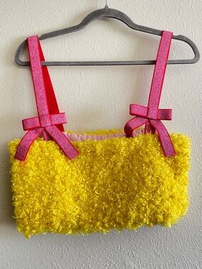 Mooly Vibrant Yellow Curly Faux Fur Crop Top with Pink Glitter Straps